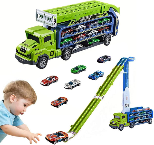 Carrier Truck Transport Toy, Foldable 2-Layer Car Race Track Playset with 25"