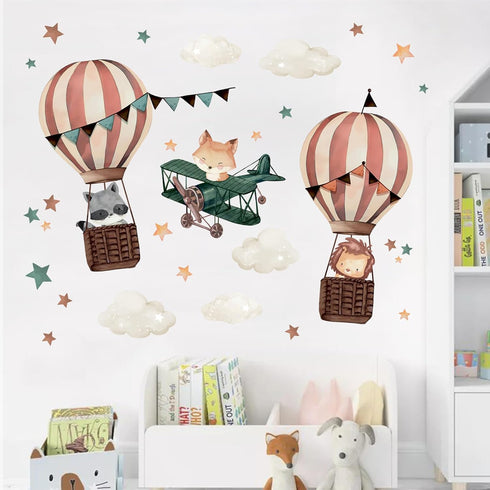 Yovkky Hot Air Balloon Airplane Wall Decals Stickers, Cute Animals Aircraft Lion Fox Raccoon Cloud Stars Neutral