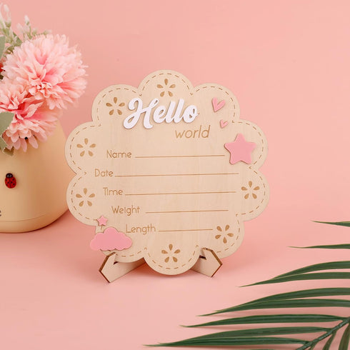 Penitue Hello World Newborn Signs, Wood Cute Baby Welcome Announcement Sign with Holder Birth Name Plaque for Photo