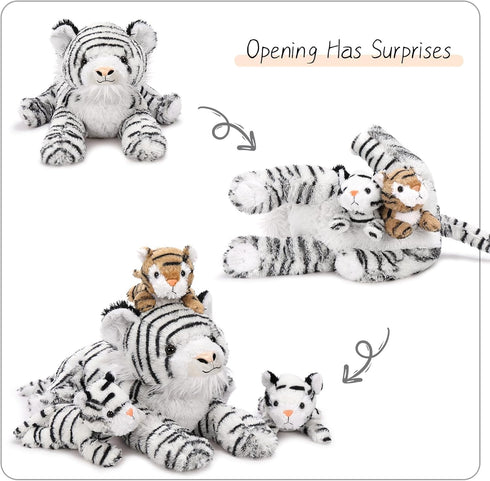 3 17.7 Inch Mommy Set, MaoGoLan White Tiger Stuffed Animal with Babies, Tiger Plush Soft Stuffed Tiger Family Toys