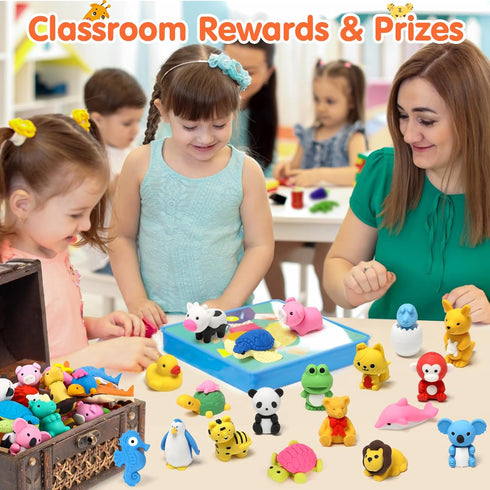 34 Pack Animal Pencil Erasers for Kids - Bulk Desk Pet Toy, 3D Mini Puzzle Erasers, Treasure Box Toys Game Prize