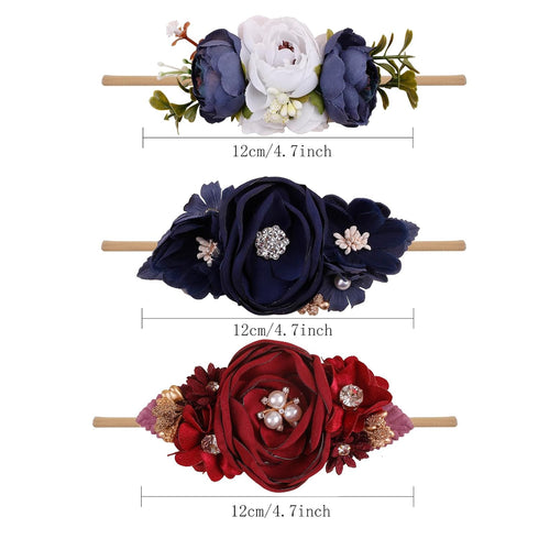 Baby Girl Floral Headbands, 3pcs Handmade Nylon Flower Crown Elastic Hairband for Newborn Toddler Gifts