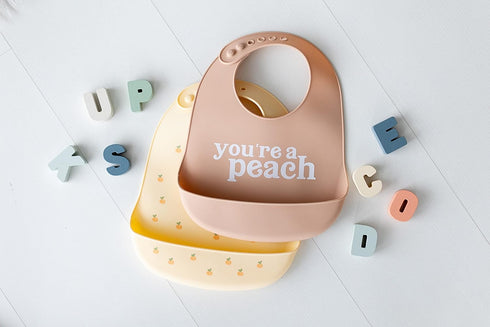 Pearhead Silicone Bib Set of 2 - Dishwasher Safe Bibs with Food Catcher, Earth Tone Baby Feeding Accessory