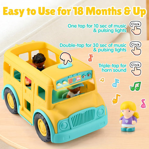 PLAY Yellow School Bus Toy for Toddlers with Figures and Driver | Lights/Music and One-Tap Music Off | Interactive Role