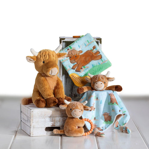 6-Inches, Mary Meyer Soft Baby Rattle with Soothing Teether Ring, Hetty Highland Cow