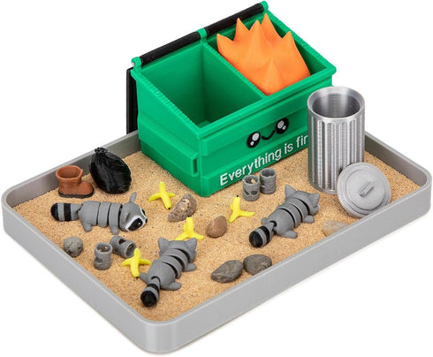 Stylor 3D Dumpster Fire Zen Garden Desk Decor - Print Plastic Miniature Sandbox with Raccoon & Flames, Humorous Office