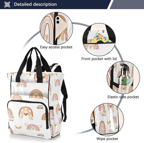 BOESI Backpack, Mommy Backpack, Backpack, Boho Rainbow Diaper Bag Bag, Multifunctional Diaper Travel Large Capacity