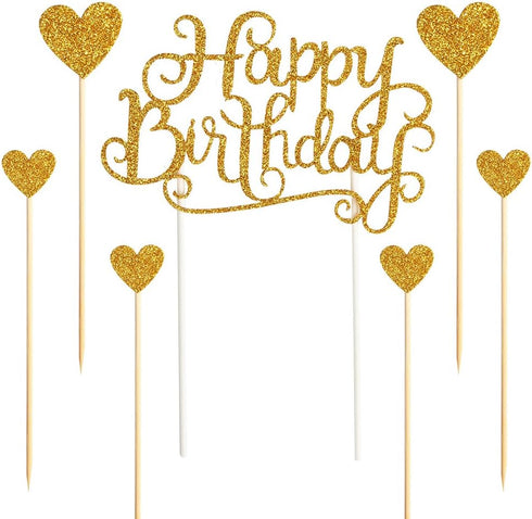 PALASASA Happy Birthday Cake Toppers Gold Glitter Letters "Happy Birthday" and Love Star, Party Decorations, Set of 7