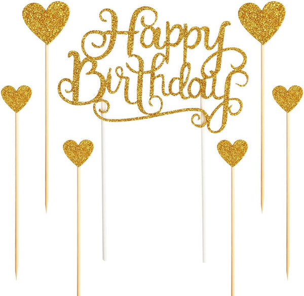 PALASASA Happy Birthday Cake Toppers Gold Glitter Letters "Happy Birthday" and Love Star, Party Decorations, Set of 7