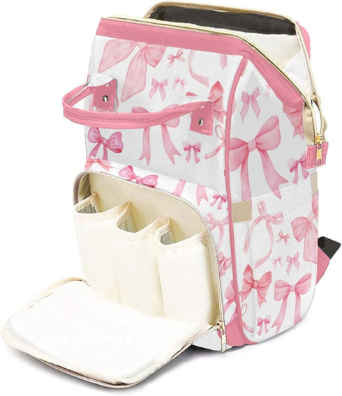 Perarts Backpack Pink Bow Personalized Diaper Bag for Baby Boy with Name, Custom Nappy Nursing Bag for Moms Dads