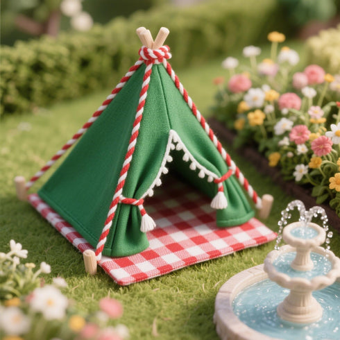 Minamzee 1:12 Dollhouse Camping Bed Tent, Mini Green Cloth Tent with Carpet, Miniature