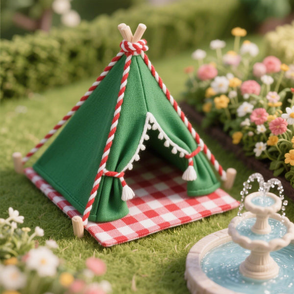 Minamzee 1:12 Dollhouse Camping Bed Tent, Mini Green Cloth Tent with Carpet, Miniature