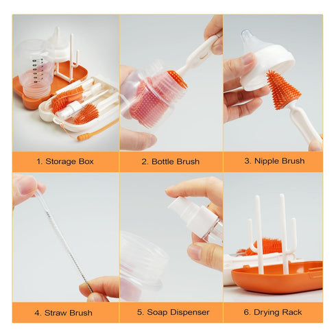 Dawufirst Set, Set, 7 1, Baby Travel Bottle Brush Baby Bottle Cleaning Kit, Baby Bottle Cleaner Brush in Orange