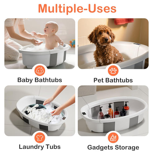 0 36 Collapsible Baby Bathtub - Large Baby Bath Tub with Thermometer & Cushion | Travel Portable Newborn Infant Bathtub