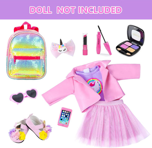 ZNTWEI 18 Inch Backpack Set American Doll Makeup Accessories and Clothes Sunglasses Phone Eye Shadow Lipstick Blusher