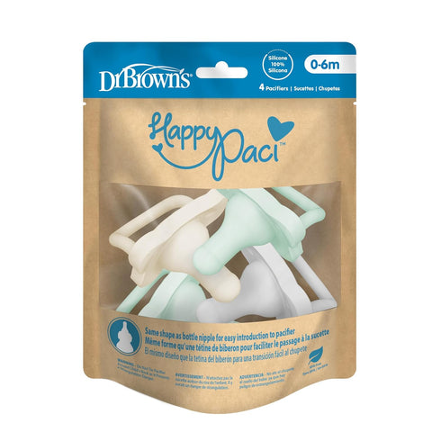 100% 0-6m, 4-Pack Dr. Brown's HappyPaci Silicone Baby Pacifier, Contoured One-Piece Design, Gray, Green, Ecru