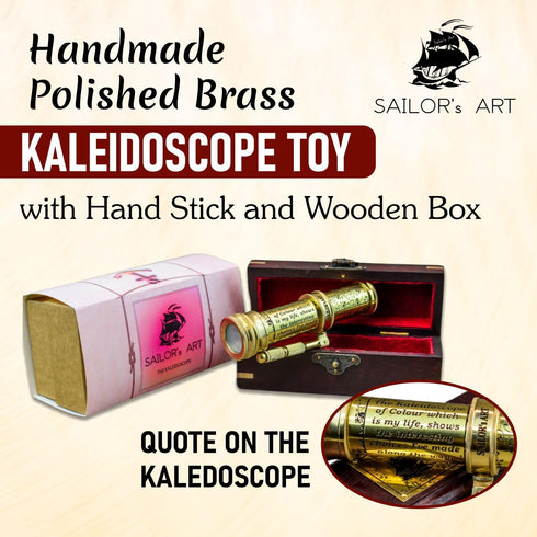 Polished Brass Kaleidoscope with Handheld Stick & Wooden Box, Vintage Educational Collection, 5.5 Inch Antique Gift