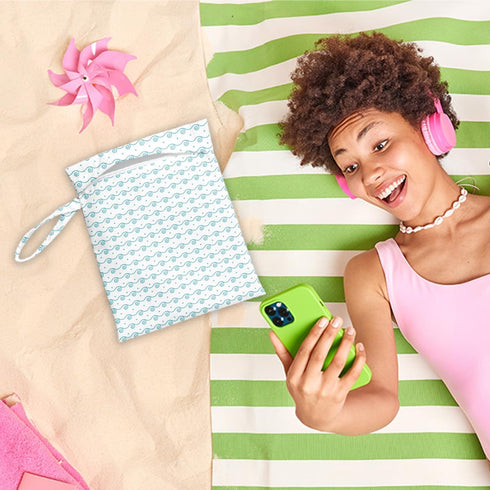 Summer Wet Dry Bag, Wet Bag for Swimsuit, Travel, Beach, Pool, Diapers, Dirty Yoga Gym Clothes, Makeup Bag, Sea Waves
