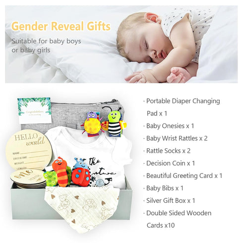 JWEX Baby Shower Gifts - Baby Gift Basket Baby Wrist Rattle Socks Portable Diaper Changing Pad Baby Essentials - Gender
