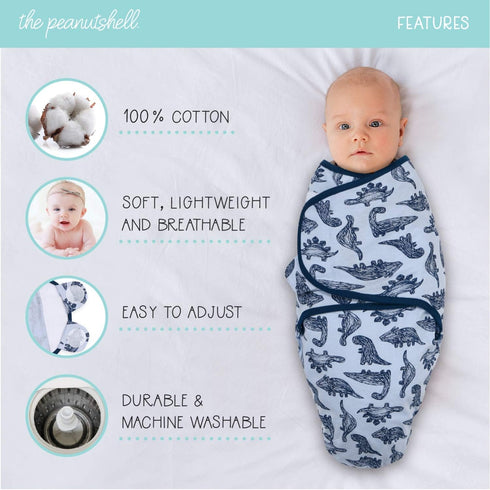 The Peanutshell Baby Swaddle Blankets - Set of 3, Soft Cotton Sleep Sack for Newborns, Blue Dinosaur
