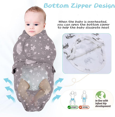 3 Pack 100% Elephants,0-3Months) LAT Swaddle Blanket with zip Baby Girl Boy-Easy Adjustable Infant Sleep Sack Wrap