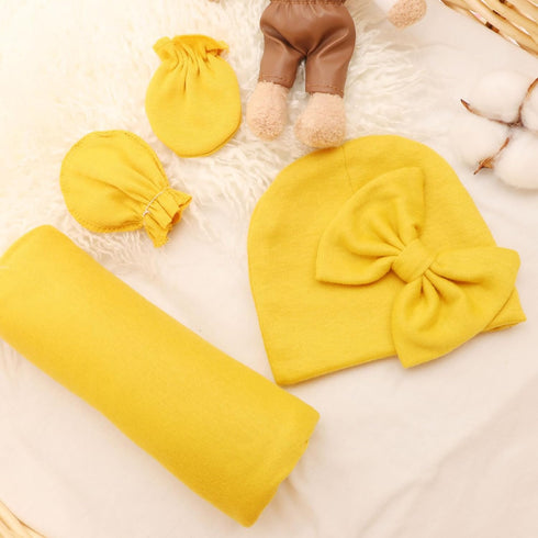 Baby Girl Newborn Receiving Blanket with Matching Bow Hat and Mittens Set, Baby Swaddle Shower Gift