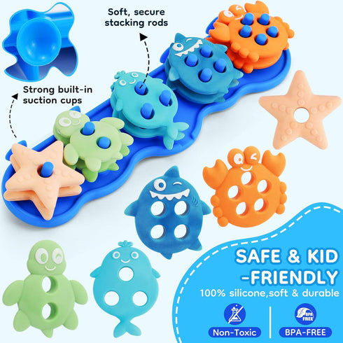 1-3 10 Set Baby Bath Toys, Mold Free Silicone Shape Sorting & Stacking Bath Toys for Kids Ages with Cute Floating