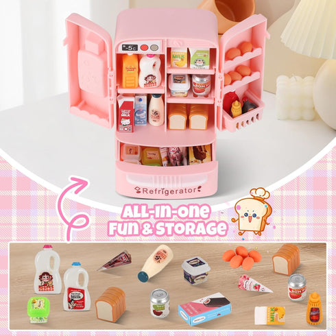 kimo 40+ Playset. Mini Refrigerator Toy, Fill The Fridge with Ice Cream, Juice & Mini Food Toys for Dollhouse