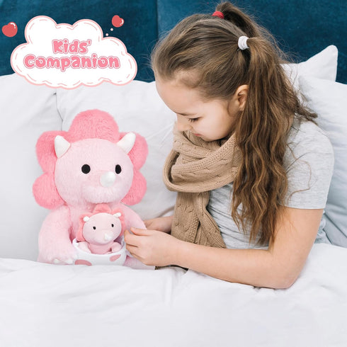 Dinosaur Stuffed Animal, 11.8inch Pink Plush with Baby Dino Toy, Triceratops for Girls, Boys, Birthday Gifts