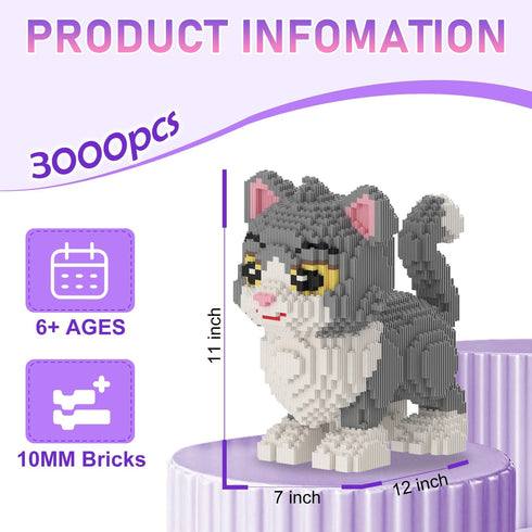 MIKIJOYS 3D 3000PCS RQ8888 Cat Building Blocks with Organizer Bins | Grey | Micro Animal Building Blocks | | Gift