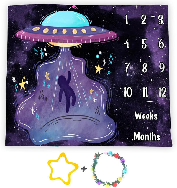 UFO Baby Monthly Milestone Blanket, 60x40in Soft Flannel, Alien Round Spaceship, Newborn