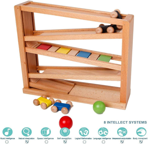 Wooden Ramp Racer with 3 Cars and 2 Balls, Toddler Toys for 1-3 Year Old Gifts