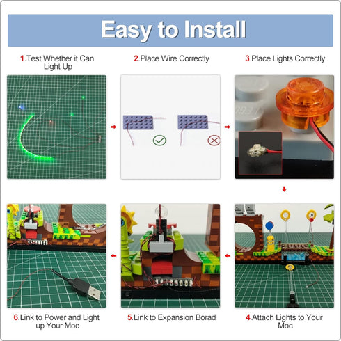 Light Up Your Bricks- 2 Pieces X Red Flashing Light 15 cm, USB Powered, Compatible with All Legos