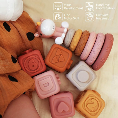 Nueplay 13 Pcs Building Circle & Blocks, Stacking Baby Toys with Horse Figure, Teething Gifts for 6-18 Months