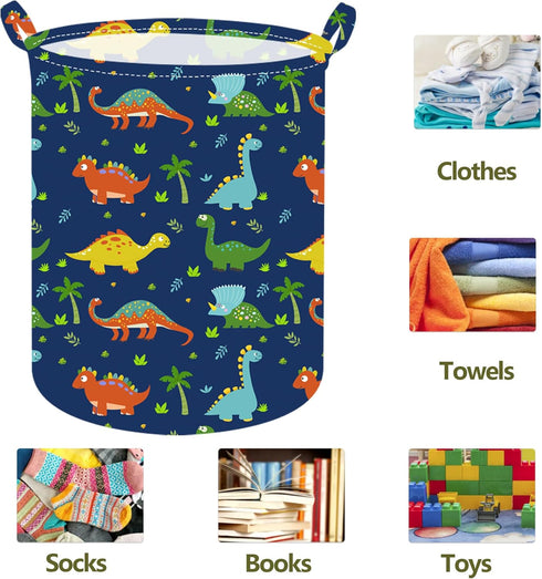 19.7 Inch Dinosaur Round Kids Laundry Hamper, Dino Laundry Basket with Handles, Baby Toys Storage Organizer for Boys &