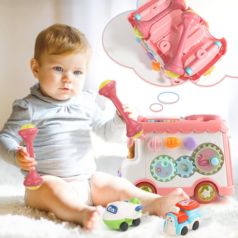 1+ 10-in-1 12-18 1 Montessori Toy for Year Old Girls, Musical Learning Bus Baby Toys for Months Present, Educational