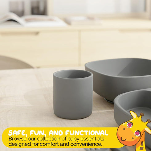 Set, 6 Baby Feeding Piece - Pebble Gray - Includes Suction Bowl, Plate, Silicone Bib, Spoon, Fork for Toddlers & Kids
