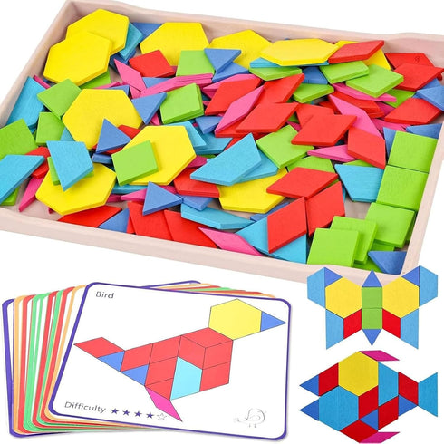 3 otters Wooden Pattern Blocks Shapes for Kids, Geometric Tangram Puzzle with