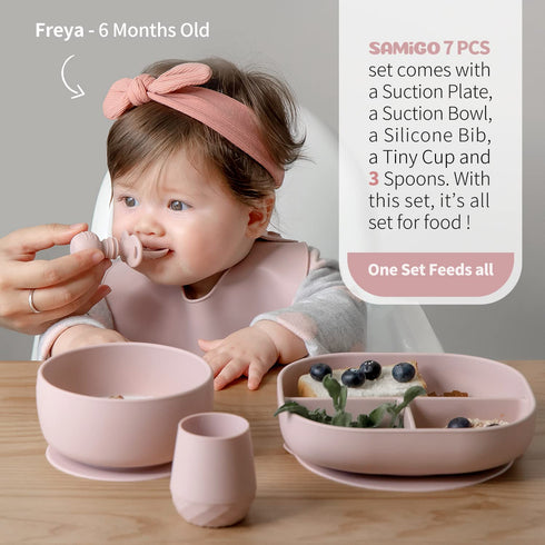 Set, 6+ SAMiGO Silicone Baby Feeding Baby Led Weaning Supplies, Suction Bowl Plate Bib Cup Self Feeding Spoons, Solid