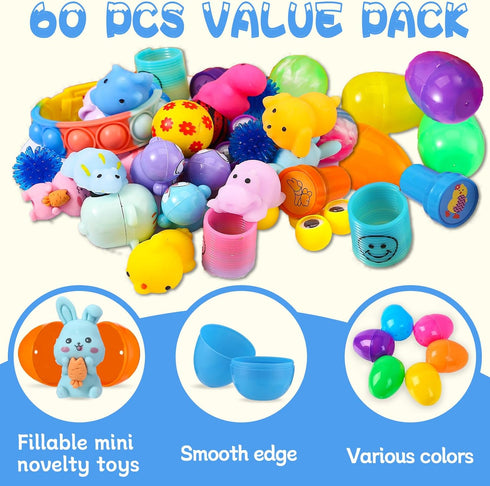60PCS Prefilled Easter Eggs with Toys Inside, Easter Basket Eggs Filled Stuffers, Easters Theme Party Favors Fidget