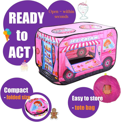 2-3 Pop Up Tent for Kids.Ice Cream Truck Play Tent.Large, Easy to Organize Icecream Shop for Kids.Ice Cream Cart