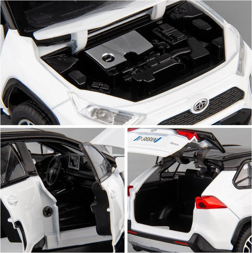 Model Car 1/32 RAV4 Alloy Diecast with Light and Sound, Collectible Toy Vehicle for Boys Kids Gift (White)