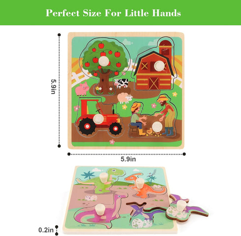 Wooden Peg Puzzles for Toddlers 1-3, Educational Preschool Peg Puzzle Toy, Set of 4 - Farm, Dinosaur, Fruit and Marine