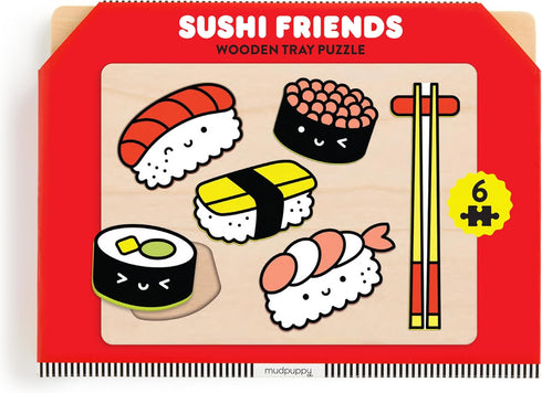 Mudpuppy Sushi Friends - Wooden Tray Puzzle with 6 Delicious Sushi Shaped Pieces and Plywood Tray for Babies and Toddlers