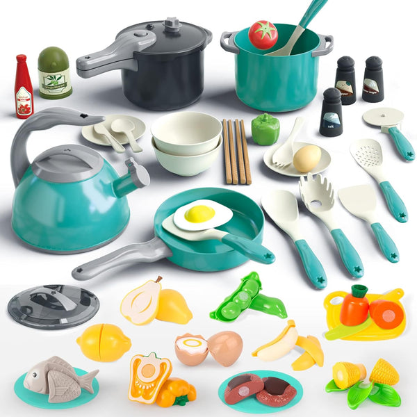 Bruvoalon 67Pcs Kids Play Kitchen Toys Set, Green, Pretend Cooking Accessories with Pots, Pans, Utensils, Foods