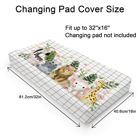 Baby African Safari Animals Changing Pad Cover Lion Elephant Giraffe Hippo Zebra Floral Leaves Baby Changing Table Pad Sheet for Boy Girl Soft Breathable Stretchy Diaper Changing Table Mat 32''x16''