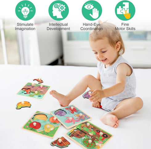 Wooden Peg Puzzles for Toddlers 1-3, Educational Preschool Peg Puzzle Toy, Set of 4 - Farm, Dinosaur, Fruit and Marine