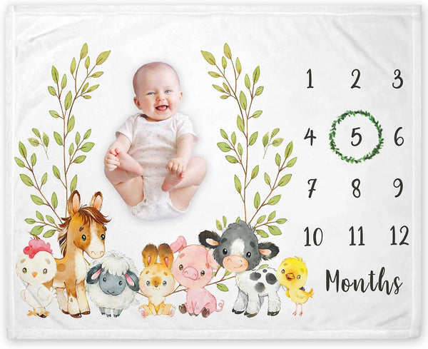 Farm Animals Milestone Blanket, Baby Growth Chart Monthly Blanket, Watch Me Grow for New Moms, 50"x40"