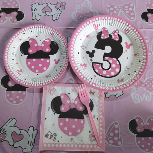 80 Pcs Pink Minnie 3rd Birthday Party Tableware - Wild Three Paper Plates, Napkins, Forks for Girls' Birthday