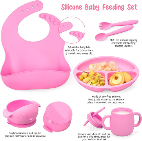 Baby Feeding Utensils Set, 7 Pcs Silicone Toddler Supplies - Adjustable Bibs, Suction Divided Plate, Placemat, Sippy Cup
